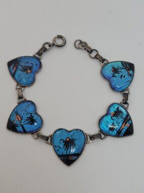 Vintage Sterling Butterfly Wing, Heart Panel, Tropical Scene Bracelet by Hoffman